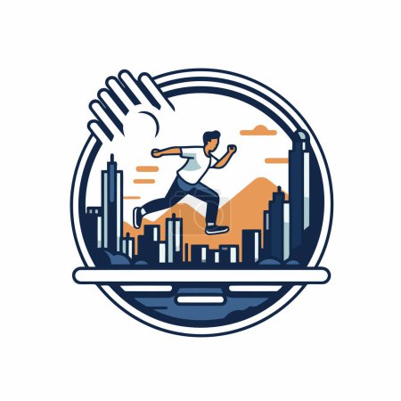Illustration for Vector illustration of a businessman running in the city with skyscrapers in the background. - Royalty Free Image