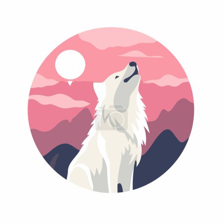 Illustration for White wolf on the background of mountains. Vector illustration in flat style. - Royalty Free Image