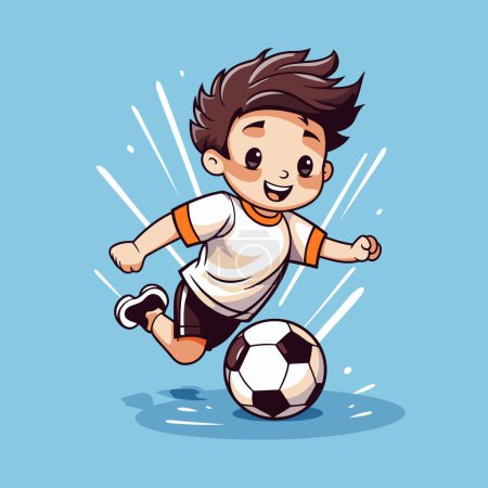 Illustration for Cartoon soccer player with ball isolated on blue background. Vector illustration. - Royalty Free Image