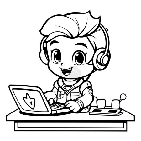 Téléchargez les illustrations : Illustration de dessin animé noir et blanc de garçon enfant avec ordinateur portable pour livre à colorier - en licence libre de droit