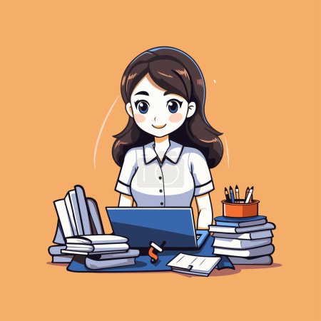 Illustration for Vector illustration of a young woman working at the computer. Cartoon style. - Royalty Free Image