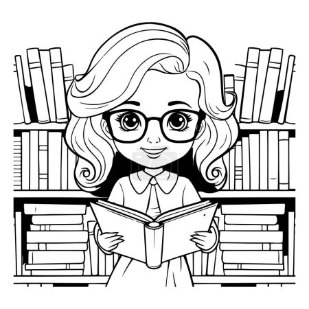 Ilustración de Chica leyendo un libro en la biblioteca. diseño gráfico de ilustración vectorial en blanco y negro - Imagen libre de derechos