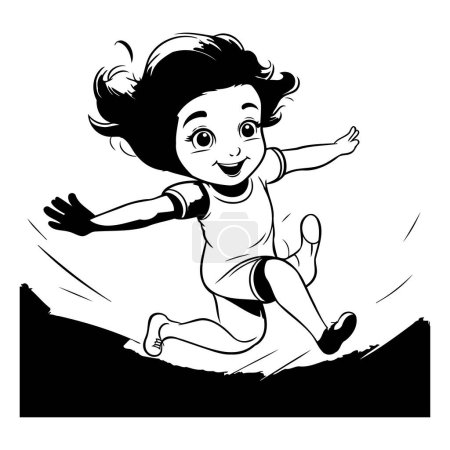 Téléchargez les illustrations : Heureuse petite fille qui court sur le terrain. illustration vectorielle noir et blanc - en licence libre de droit