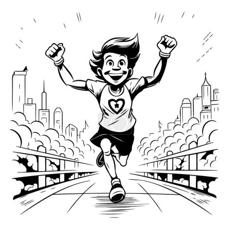 Illustration for Running boy on a city street. Vector illustration in black and white. - Royalty Free Image