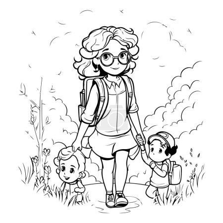 Illustration for Vector illustration of a woman with a backpack and her children on the nature. - Royalty Free Image