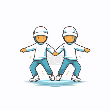 Téléchargez les illustrations : Deux garçons patinant sur glace. Illustration vectorielle dans le style dessin animé. - en licence libre de droit