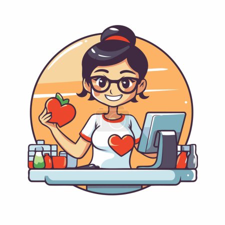 Illustration for Cartoon vector illustration of a woman working on a laptop and holding a red apple - Royalty Free Image