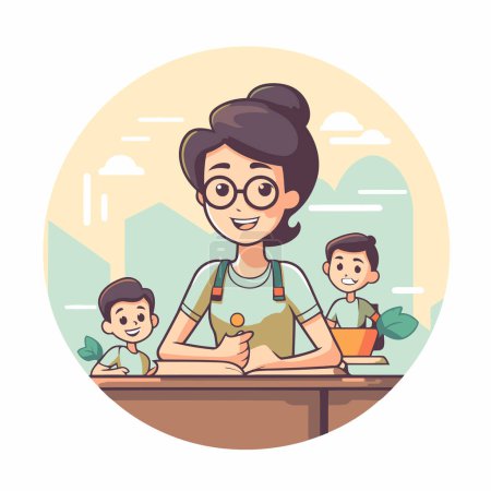 Illustration for Mother and her children at the table. Vector illustration in cartoon style. - Royalty Free Image