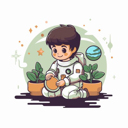 Téléchargez les illustrations : Mignon astronaute dessin animé assis sur le sol et tenant la terre. - en licence libre de droit