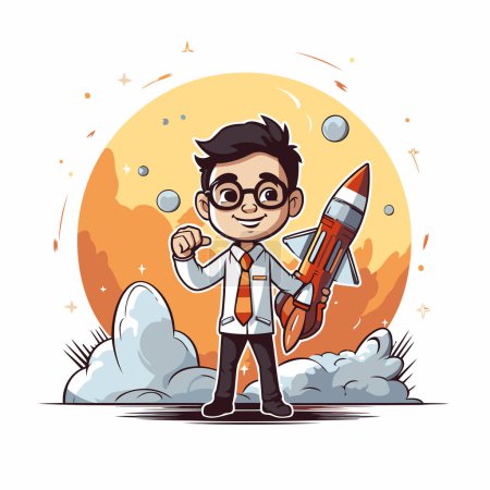 Ilustración de Lindo chico con cohete y la luna icono de dibujos animados vector ilustración diseño gráfico - Imagen libre de derechos