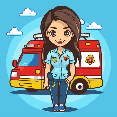 Téléchargez les illustrations : Belle policière et ambulance sur fond bleu. Illustration vectorielle. - en licence libre de droit