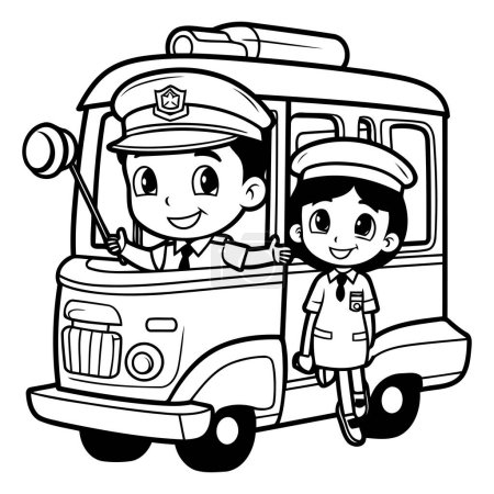 Illustration for Black and white illustration of a boy and girl driving a school bus. - Royalty Free Image