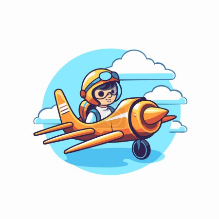 Téléchargez les illustrations : Aviateur garçon volant dans un avion rétro. Illustration vectorielle dans le style dessin animé - en licence libre de droit