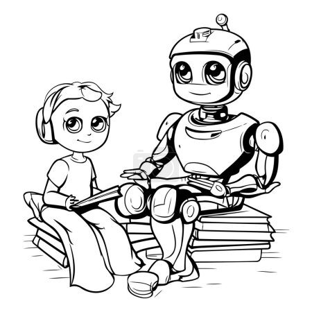 Ilustración de Ilustración de dibujos animados en blanco y negro de lindo niño y robot leyendo un libro para colorear - Imagen libre de derechos