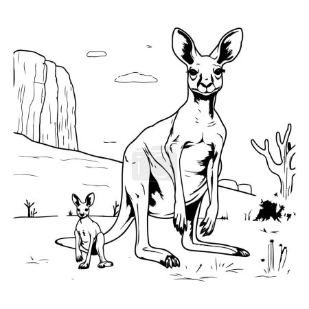 Illustration for Kangaroo and joey in the desert. sketch for your design - Royalty Free Image