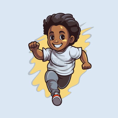 Téléchargez les illustrations : Joli garçon afro-américain qui court. Illustration vectorielle d'un petit garçon noir courant. - en licence libre de droit