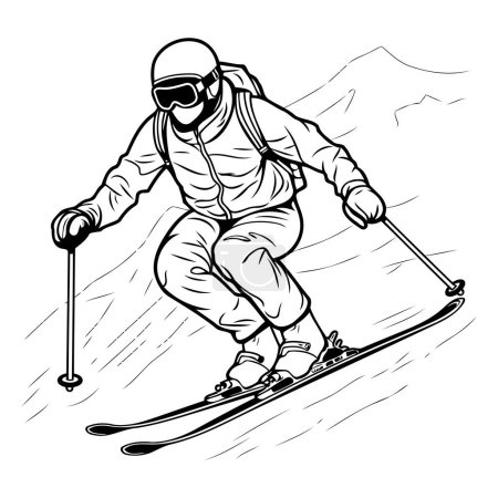 Téléchargez les illustrations : Je skie. Illustration vectorielle en noir et blanc d'un skieur en montagne. - en licence libre de droit