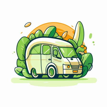 Illustration for Vector illustration of a camper van in the jungle on a white background. - Royalty Free Image