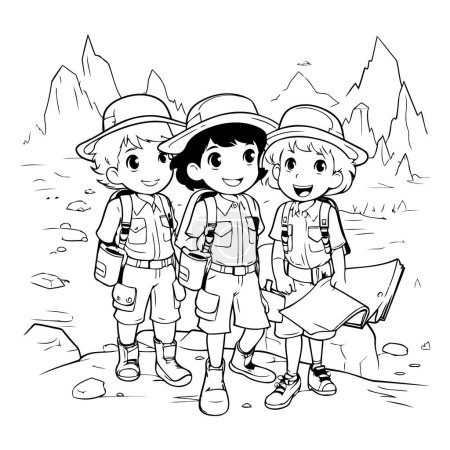 Ilustración de Trekking niños con mochilas y mapa vector ilustración diseño gráfico - Imagen libre de derechos