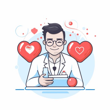 Ilustración de Ilustración vectorial de un médico con un estetoscopio en la mano y una tableta con un corazón - Imagen libre de derechos