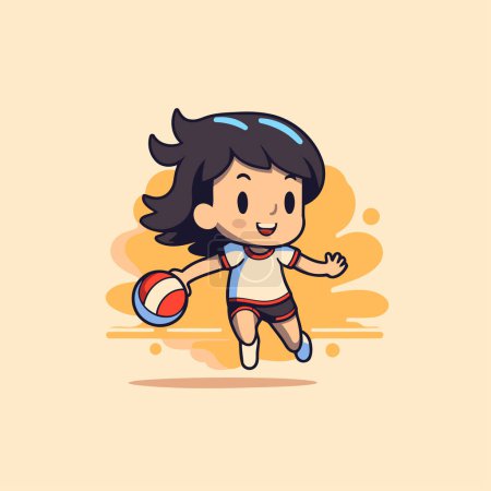 Ilustración de Linda niña jugando a la pelota de playa. Dibujos animados estilo vector ilustración. - Imagen libre de derechos