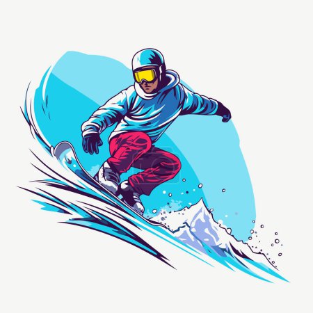 Téléchargez les illustrations : Snowboarder sautant sur snowboard. Illustration vectorielle dans un style rétro. - en licence libre de droit