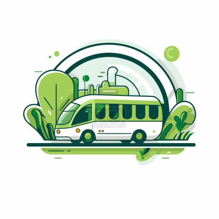 Téléchargez les illustrations : Illustration vectorielle d'un bus en cercle avec des arbres et des buissons. - en licence libre de droit