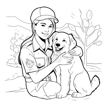 Illustration for Black and white vector illustration of a female security guard with a dog. - Royalty Free Image