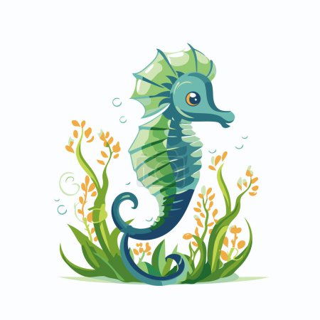 Illustration for Seahorse on the background of algae and plants. Vector illustration - Royalty Free Image