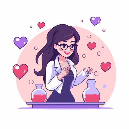 Illustration for Scientist woman working in chemical laboratory. Vector illustration in cartoon style - Royalty Free Image