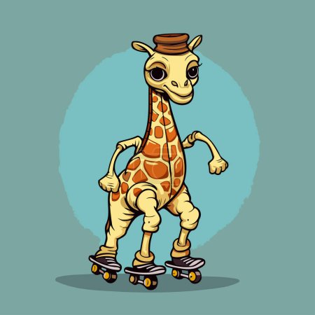 Téléchargez les illustrations : Girafe de bande dessinée promenades sur patins à roulettes. Illustration vectorielle. - en licence libre de droit
