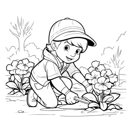 Illustration for Outline illustration of a boy planting a flower in the garden. - Royalty Free Image