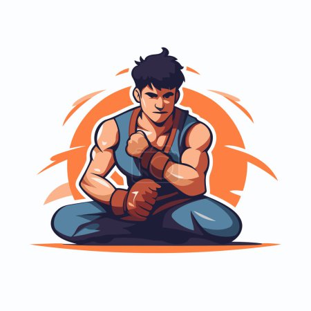 Vector illustration of a strong man in boxing gloves sitting on the ground
