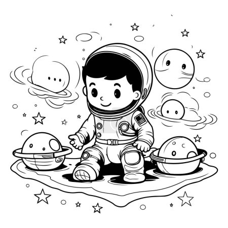 Téléchargez les illustrations : Joli petit astronaute dans l'espace. Illustration vectorielle pour livre à colorier. - en licence libre de droit