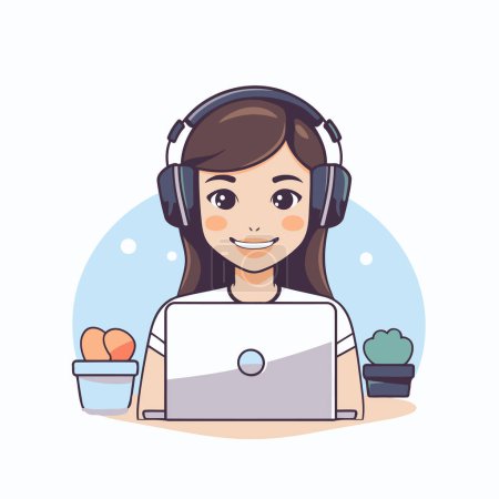 Illustration for Woman with laptop and headphones. Call center. Vector illustration in cartoon style. - Royalty Free Image