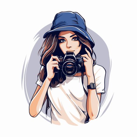 Illustration for Beautiful girl with a camera in hand. Vector illustration on white background. - Royalty Free Image
