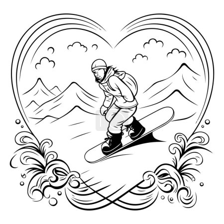 Téléchargez les illustrations : Illustration vectorielle d'un snowboardeur sur fond de cœur - en licence libre de droit