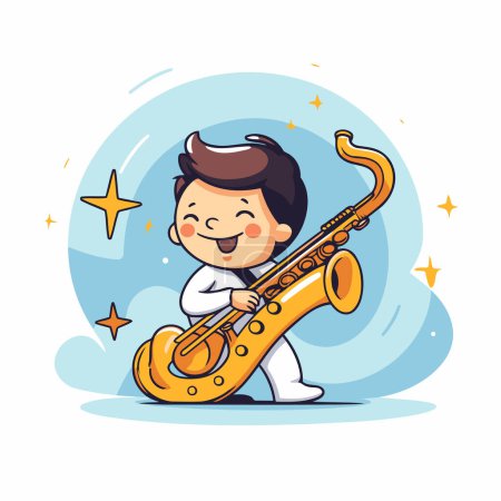 Illustration for Cute little boy playing the saxophone. Vector cartoon illustration. - Royalty Free Image