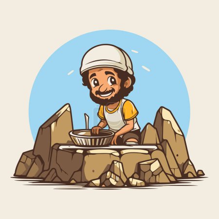 Illustration for Cartoon character of a boy in a cap and overalls on the rocks - Royalty Free Image