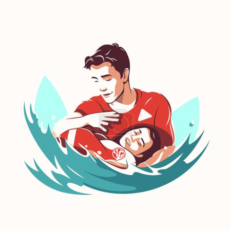 Illustration for Vector illustration of a man swimming with his girlfriend on the water. - Royalty Free Image