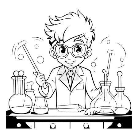 Illustration for Black and white vector illustration of a scientist working in a laboratory. - Royalty Free Image