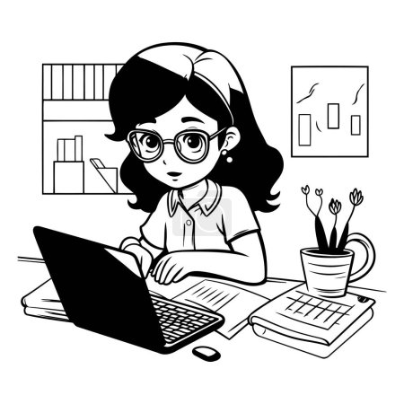 Illustration for Vector illustration of a girl studying at home with a laptop. Black and white drawing. - Royalty Free Image