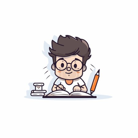 Illustration for Vector illustration of cute boy writing in a book. Cartoon character. - Royalty Free Image