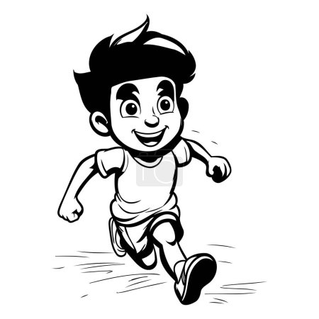 Illustration for Running Kid - Black and White Cartoon Vector Illustration of a Kid Running - Royalty Free Image
