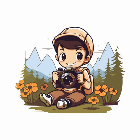 Téléchargez les illustrations : Joli garçon avec une caméra dans les montagnes. Illustration vectorielle. - en licence libre de droit