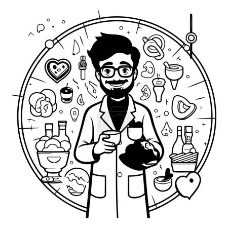 Ilustración de Ilustración de arte de línea vectorial de un hombre en una bata de laboratorio y gafas. - Imagen libre de derechos