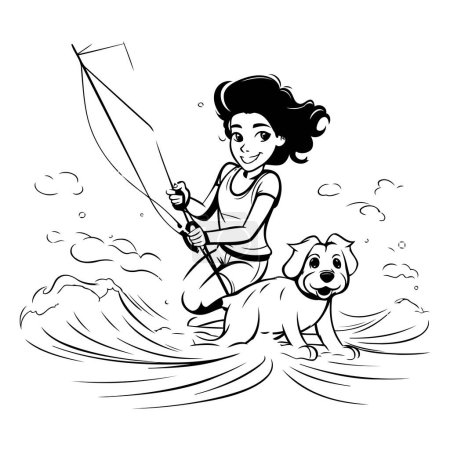 Téléchargez les illustrations : Une fille avec un chien sur l'eau. Illustration vectorielle noir et blanc. - en licence libre de droit