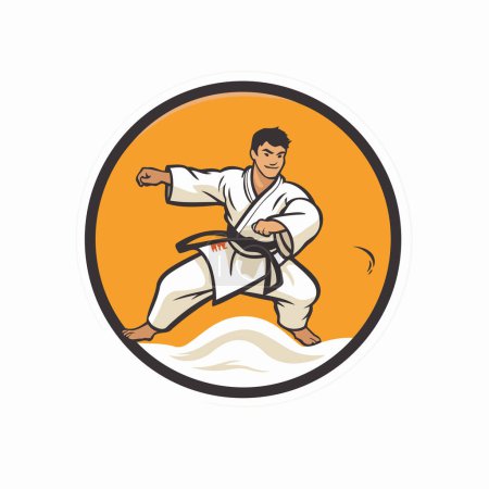 Illustration eines Karate-Mannes, der Judo im Kreis praktiziert, auf isoliertem Hintergrund im Retro-Stil.
