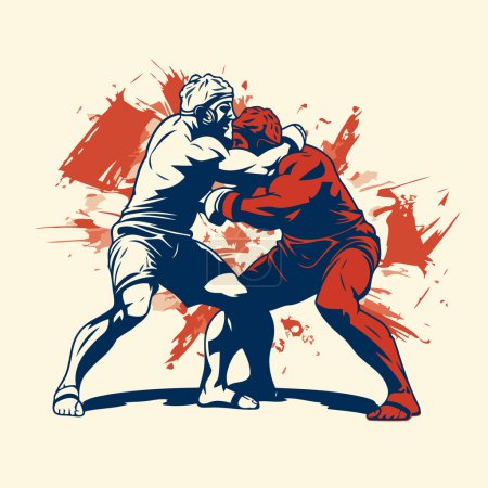Ilustración de Dos luchadores de karate que luchan diseñados usando el vector gráfico de cepillo grunge. - Imagen libre de derechos