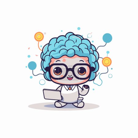Illustration for Cute cartoon boy with blue curly hair and eyeglasses using laptop - Royalty Free Image
